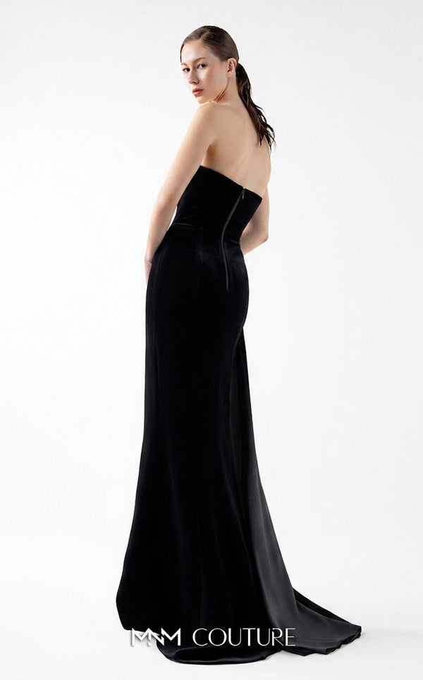MNM Couture Style G2011 showcasing a strapless nude gown with sculptural brown metallic taffeta geometric folds and a dramatic high slit | Couture Shop LA