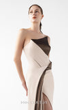 MNM Couture Style G2011 showcasing a strapless nude gown with sculptural brown metallic taffeta geometric folds and a dramatic high slit | Couture Shop LA