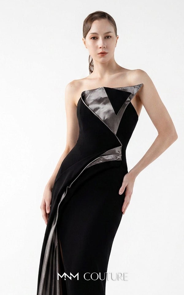 MNM Couture Style G2011 showcasing a strapless nude gown with sculptural brown metallic taffeta geometric folds and a dramatic high slit | Couture Shop LA