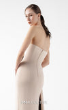 MNM Couture Style G2011 showcasing a strapless nude gown with sculptural brown metallic taffeta geometric folds and a dramatic high slit | Couture Shop LA