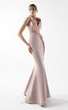 MNM Couture Style G2012 in rosé pink, featuring a mermaid silhouette, draped metallic halter-neck, and glistening lace inserts along the hip. | Couture Shop LA