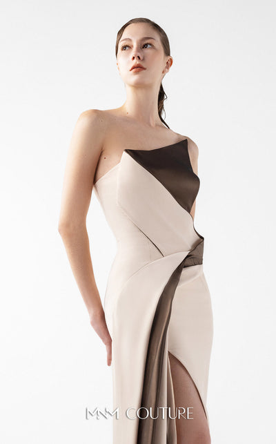 MNM Couture Style G2012 in rosé pink, featuring a mermaid silhouette, draped metallic halter-neck, and glistening lace inserts along the hip. | Couture Shop LA