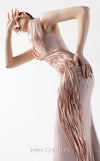 MNM Couture Style G2012 in rosé pink, featuring a mermaid silhouette, draped metallic halter-neck, and glistening lace inserts along the hip. | Couture Shop LA