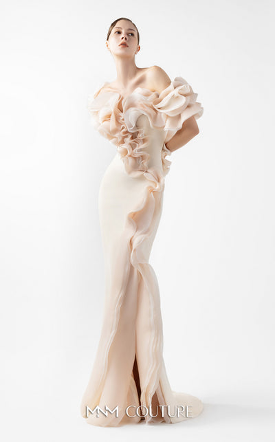 MNM Couture Style G2013 showcasing a cream crepe gown with voluminous cascading peach organza ruffles and a sculpted high front slit framed by fluid folds | Couture Shop LA