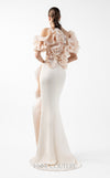 MNM Couture Style G2013 showcasing a cream crepe gown with voluminous cascading peach organza ruffles and a sculpted high front slit framed by fluid folds | Couture Shop LA