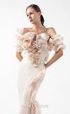 MNM Couture Style G2013 showcasing a cream crepe gown with voluminous cascading peach organza ruffles and a sculpted high front slit framed by fluid folds | Couture Shop LA