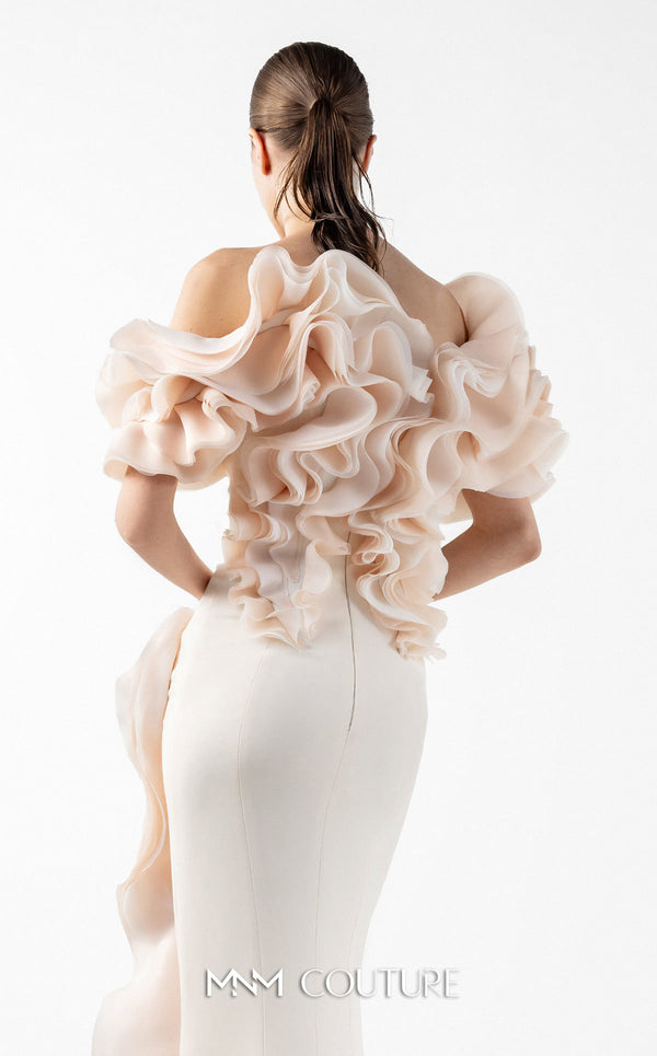 MNM Couture Style G2013 showcasing a cream crepe gown with voluminous cascading peach organza ruffles and a sculpted high front slit framed by fluid folds | Couture Shop LA