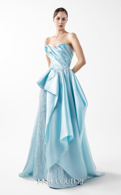 MNM Couture Style G2014 showcasing an ice blue organza gown with draped strapless bodice, lace detailing, peplum waist, and multi-layered voluminous skirt | Couture Shop LA
