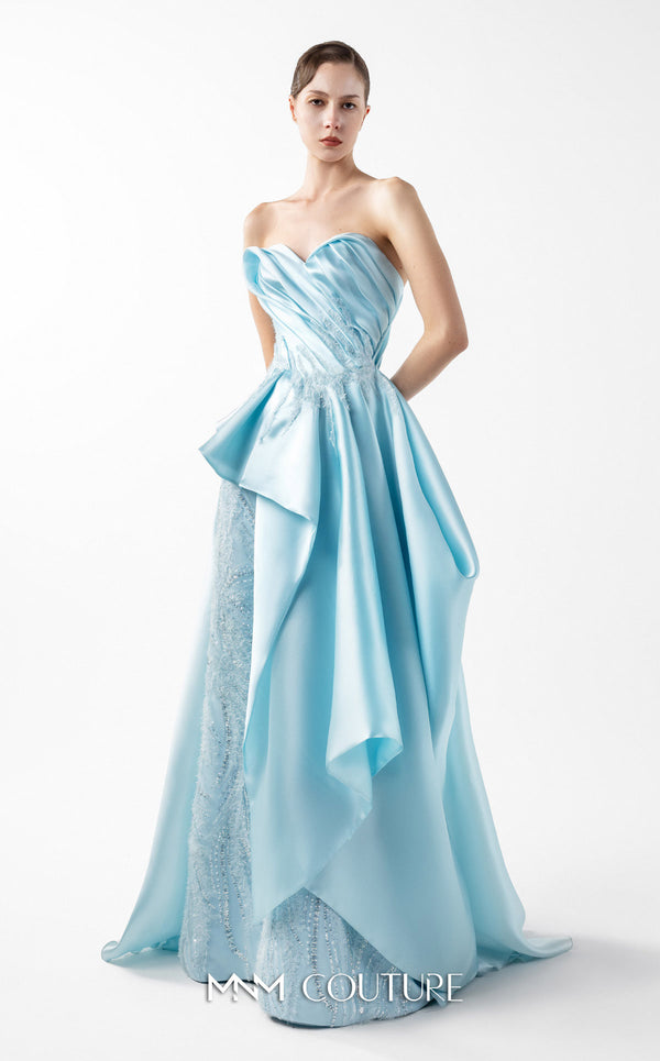MNM Couture Style G2014 showcasing an ice blue organza gown with draped strapless bodice, lace detailing, peplum waist, and multi-layered voluminous skirt | Couture Shop LA