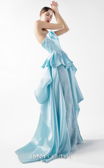 MNM Couture Style G2014 showcasing an ice blue organza gown with draped strapless bodice, lace detailing, peplum waist, and multi-layered voluminous skirt | Couture Shop LA