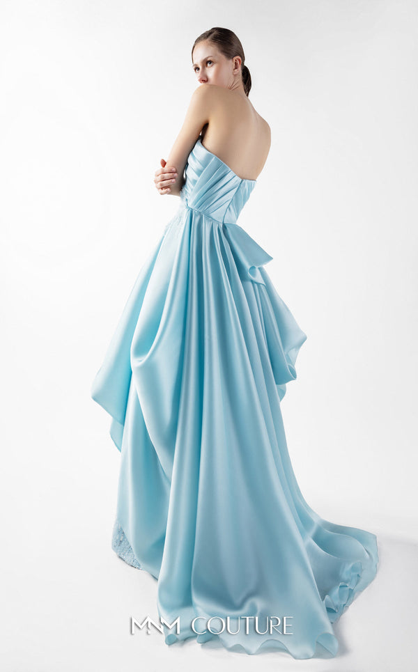 MNM Couture Style G2014 showcasing an ice blue organza gown with draped strapless bodice, lace detailing, peplum waist, and multi-layered voluminous skirt | Couture Shop LA