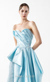 MNM Couture Style G2014 showcasing an ice blue organza gown with draped strapless bodice, lace detailing, peplum waist, and multi-layered voluminous skirt | Couture Shop LA