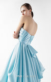 MNM Couture Style G2014 showcasing an ice blue organza gown with draped strapless bodice, lace detailing, peplum waist, and multi-layered voluminous skirt | Couture Shop LA