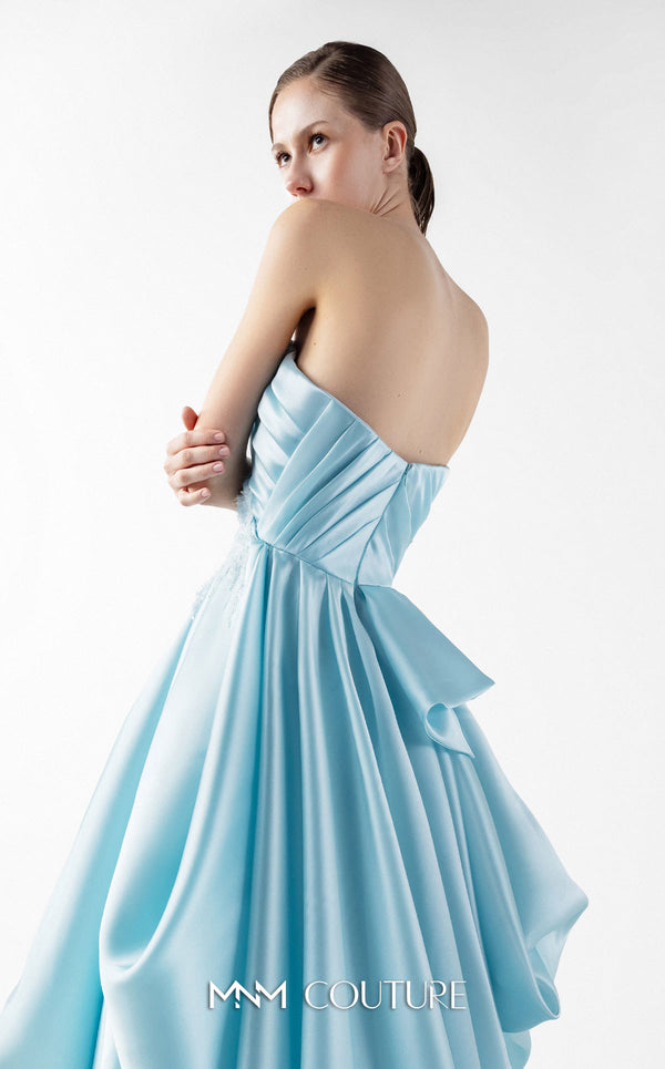 MNM Couture Style G2014 showcasing an ice blue organza gown with draped strapless bodice, lace detailing, peplum waist, and multi-layered voluminous skirt | Couture Shop LA