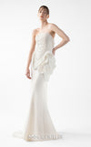 MNM Couture Style G2015 showcasing a cream strapless mermaid gown with pearl lace bodice detailing and sculptural organza inserts blooming at the hip | Couture Shop LA