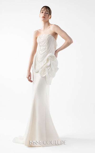 MNM Couture Style G2015 showcasing a cream strapless mermaid gown with pearl lace bodice detailing and sculptural organza inserts blooming at the hip | Couture Shop LA