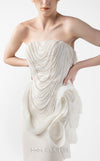 MNM Couture Style G2015 showcasing a cream strapless mermaid gown with pearl lace bodice detailing and sculptural organza inserts blooming at the hip | Couture Shop LA