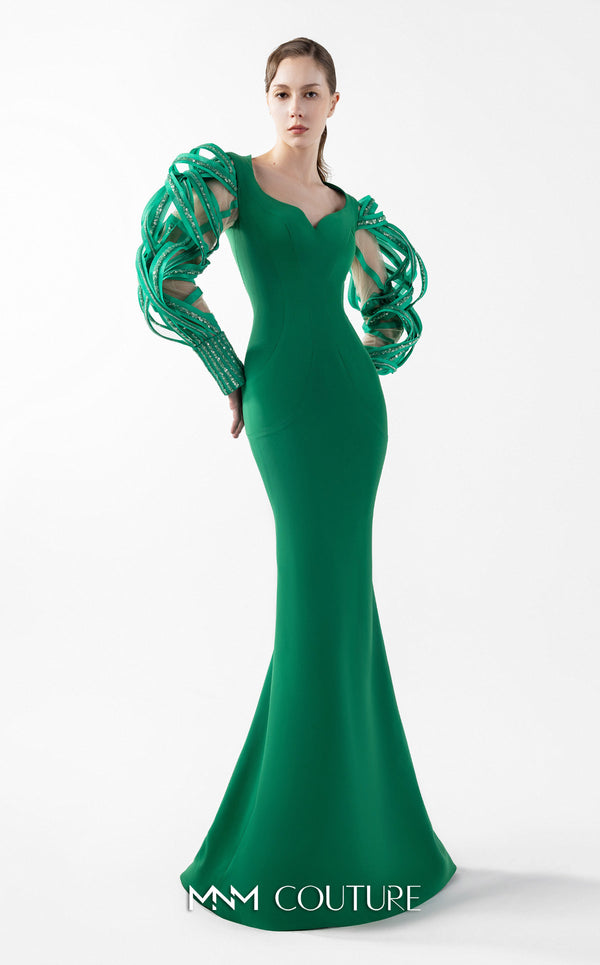 MNM Couture Style G2017 showcasing an emerald green crepe mermaid gown with mesmerizing illusion sleeves featuring intricate lace and ethereal organza inserts