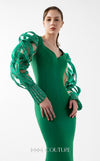 MNM Couture Style G2017 showcasing an emerald green crepe mermaid gown with mesmerizing illusion sleeves featuring intricate lace and ethereal organza inserts