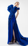MNM Couture Style G2019 showcasing a royal blue strapless gown with sculptural taffeta draping cascading from bustline to hem, featuring architectural design and dramatic side train | Couture Shop LA