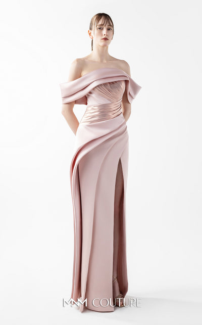MNM Couture Style G2020 showcasing a blush pink off-shoulder evening gown with metallic pleated bodice detailing, sculptural razmir draping, and elegant high slit | Couture Shop LA