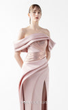 MNM Couture Style G2020 showcasing a blush pink off-shoulder evening gown with metallic pleated bodice detailing, sculptural razmir draping, and elegant high slit | Couture Shop LA