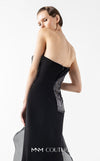 MNM Couture Style G2021 showcasing a strapless black gown with asymmetrical lace, flowing organza panels, and a dramatic high slit | Couture Shop  LA.