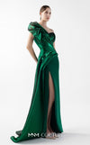 MNM Couture Style G2023 emerald green evening dress with column-fitted silhouette, asymmetric neckline, side slit, and cascading train, exuding luxury | Couture Shop LA