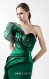 MNM Couture Style G2023 emerald green evening dress with column-fitted silhouette, asymmetric neckline, side slit, and cascading train, exuding luxury | Couture Shop LA
