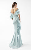 MNM Couture Style G2024 showcasing a mint blue mermaid gown with lace illusion bodice, metallic off-shoulder draping, and sculpted silhouette | Couture Shop LA