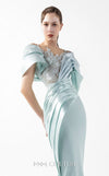 MNM Couture Style G2024 showcasing a mint blue mermaid gown with lace illusion bodice, metallic off-shoulder draping, and sculpted silhouette | Couture Shop LA