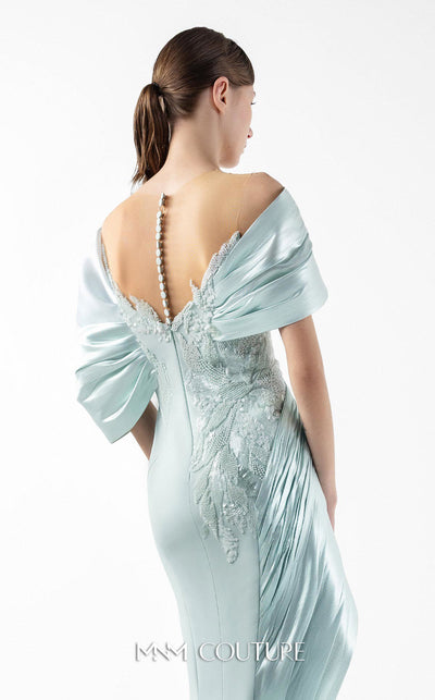 MNM Couture Style G2024 showcasing a mint blue mermaid gown with lace illusion bodice, metallic off-shoulder draping, and sculpted silhouette | Couture Shop LA