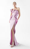 MNM Couture Style G2025 showcasing a stunning pink liquid metallic dress with one-shoulder neckline, sculptural cascading folds, dramatic high slit, and flowing train | Couture Shop LA