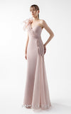 MNM Couture Style G2026 showcasing a blush crepe gown with organza floral accent, lace embellishments, and a side train | Couture Shop LA