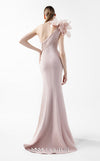 MNM Couture Style G2026 showcasing a blush crepe gown with organza floral accent, lace embellishments, and a side train | Couture Shop LA