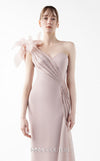 MNM Couture Style G2026 showcasing a blush crepe gown with organza floral accent, lace embellishments, and a side train | Couture Shop LA