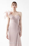 MNM Couture Style G2026 showcasing a blush crepe gown with organza floral accent, lace embellishments, and a side train | Couture Shop LA
