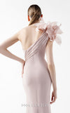 MNM Couture Style G2026 showcasing a blush crepe gown with organza floral accent, lace embellishments, and a side train | Couture Shop LA