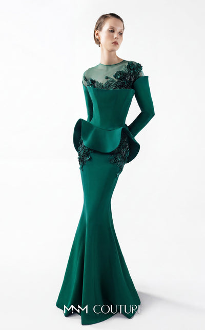 MNM Couture Style G2029 showcasing a royal blue mermaid crepe gown with illusion tulle neckline, intricate hand embroidery, long sleeves, and peplum waist detail | Couture Shop LA