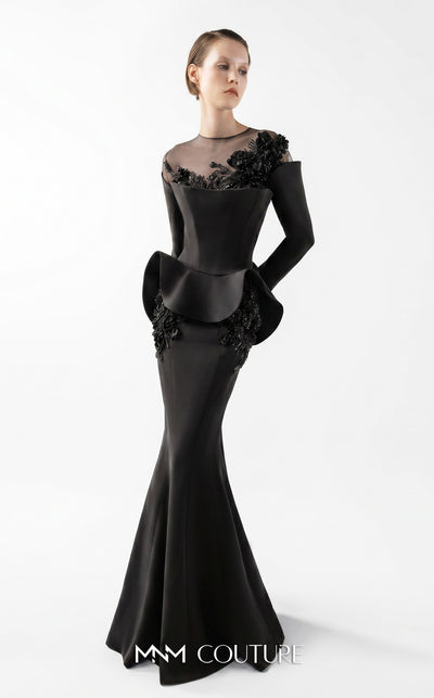 MNM Couture Style G2029 showcasing a royal blue mermaid crepe gown with illusion tulle neckline, intricate hand embroidery, long sleeves, and peplum waist detail | Couture Shop LA
