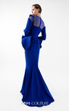 MNM Couture Style G2029 showcasing a royal blue mermaid crepe gown with illusion tulle neckline, intricate hand embroidery, long sleeves, and peplum waist detail | Couture Shop LA