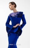 MNM Couture Style G2029 showcasing a royal blue mermaid crepe gown with illusion tulle neckline, intricate hand embroidery, long sleeves, and peplum waist detail | Couture Shop LA