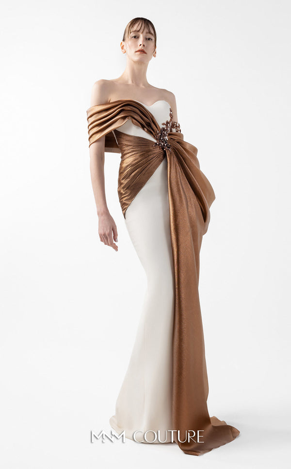 MNM Couture Style G2030 showcasing a cream crepe gown with lamé organza draping, intricate embroidery, and a high slit | Couture Shop LA