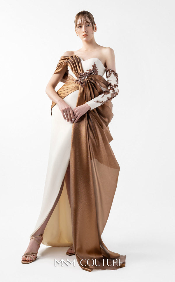 MNM Couture Style G2030 showcasing a cream crepe gown with lamé organza draping, intricate embroidery, and a high slit | Couture Shop LA