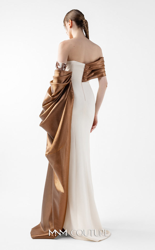 MNM Couture Style G2030 showcasing a cream crepe gown with lamé organza draping, intricate embroidery, and a high slit | Couture Shop LA