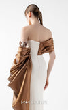 MNM Couture Style G2030 showcasing a cream crepe gown with lamé organza draping, intricate embroidery, and a high slit | Couture Shop LA