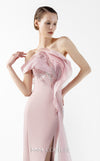 MNM Couture Style G2031 showcasing a pink mermaid gown with an embellished off-shoulder, intricate lace detailing, an alluring open slit, and a delicate tulle train | Couture Shop LA