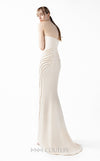 MNM Couture Style G2032 showcasing a cream mermaid gown with three-angular corseted neckline, fitted silhouette, and intricate ribbed lace textural detailing throughout the skirt | Couture Shop LA