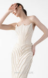 MNM Couture Style G2032 showcasing a cream mermaid gown with three-angular corseted neckline, fitted silhouette, and intricate ribbed lace textural detailing throughout the skirt | Couture Shop LA