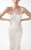 MNM Couture Style G2032 showcasing a cream mermaid gown with three-angular corseted neckline, fitted silhouette, and intricate ribbed lace textural detailing throughout the skirt | Couture Shop LA